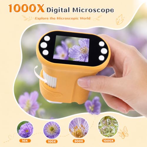 1000X Handheld Microscope for Kids 2.0" IPS Eye Protection Screen, Pocket Microscope with Long Battery Life, Rechargeable Microscopes for Edu Gift STEM Toys for Children