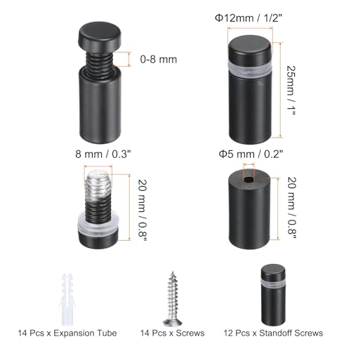 uxcell 12 Pcs 1/2" x 1" Standoff Screws Stainless Steel Wall Mount Sign Mounting Hardware Kit with 14pcs Screws for Hanging Acrylic Glass Signs Advertising Boards, Black - color: Black, size: 1/2" x 1"