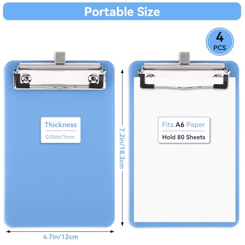 4.7x7.2in Plastic Clip Boards Fits A6 Size Sheets, 4 PCS Sturdy & Lightweight Portable Blue Writing Drawing Boards with Metal Pen Holder Loop, Waterproof Clipboards for Home Office School Use - color: Blue, size: 4.7x7.2in - A6