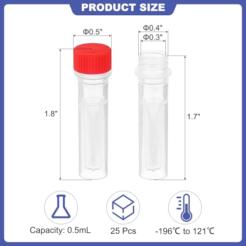 PATIKIL 0.5ml Plastic Cryogenic, 25Pcs Self Standing Cryogenic Vial Screw Top Frozen Test Tube for Lab Laboratory Science, Red Cap - color: Red, size: 0.5ml