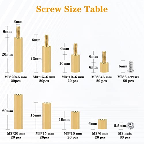 320Pcs M3 Motherboard Standoffs&Screws&Nuts Kit, Hex Male-Female Brass Spacer Standoffs, Laptop Screws for DIY Computer Build, Electronic Projects, Raspberry Pi, Circuit Board etc. - size: M3