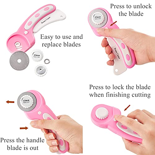 39 Pcs Rotary Cutter Set Pink - Quilting Kit incl. 45mm Fabric Cutter with 5 Extra Blades, A4 Cutting Mat, Craft Knife Set, Quilting Ruler and Sewing Clips, Ideal for Crafting, Sewing, Patchworking - color: Pink, size: A4 Rotary Cutter Set
