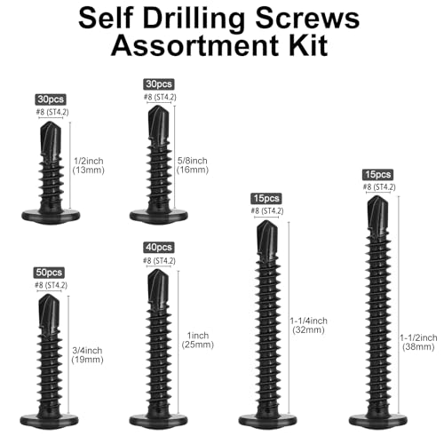 VGBUY 180Pcs #8 Self Tapping Screws Assortment Kit, 410 Stainless Steel Self Drilling Screws for Metal, 6 Sizes (1/2", 5/8", 3/4", 1", 1-1/4", 1-1/2") Modified Truss Head Sheet Metal Screw Black - color: Black
