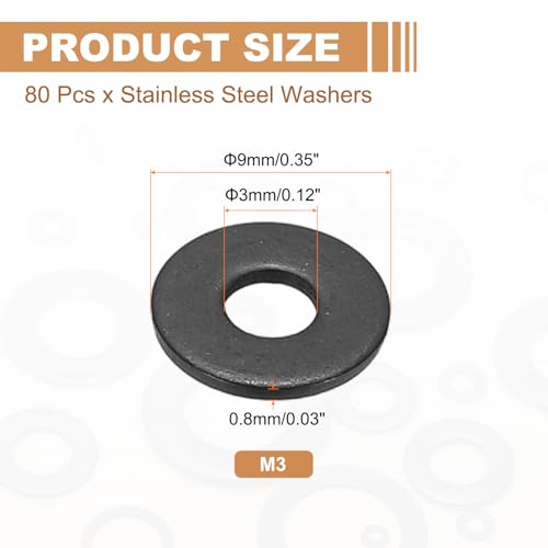 PATIKIL 80pcs M3 Stainless Steel Washers M3x9x0.8mm Flat Washers Metal - size: M3x9x0.8