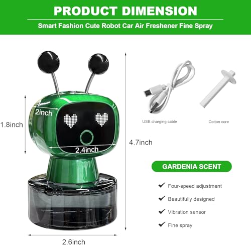 Smart Cute Robot Car Air Freshener, Fine Spray Car Aromatherapy Machine with Four-Gear Adjustment, Auto On/Off Mini Robot Fillable Essential Oil Diffuser for Vehicle Home Office (Flower)