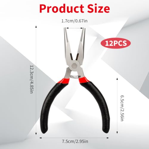 12 Pack 5" Needle Nose Pliers Set, Mini Long Nose Pliers with Serrated Clamps & Side Cutter for Jewelry Making, Electronics Repair, Wire Bending, and Crafting (Black)