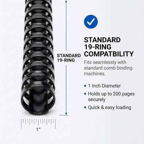 Performore 50 Pack of Plastic Comb Binding Spines, Black 19 Ring Binding Combs, Durable Binding Supplies for Reports, Presentations, Manuals, Proposals, School & Office Documents (1 inch) - size: 1 inch
