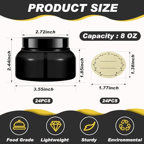 24 Pack Plastic Cosmetic Jars with Lids Label, 8 oz, Black - color: Black, size: 8 oz