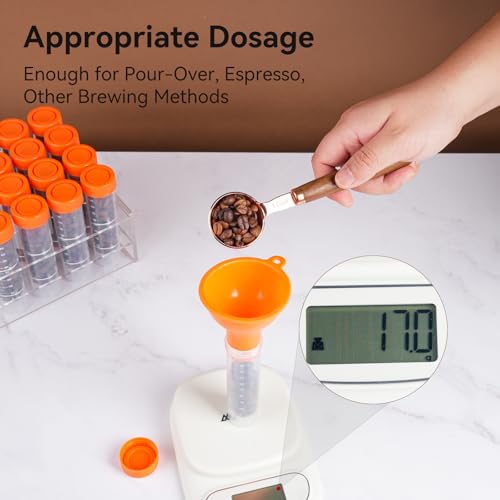 20Pcs Single Dose Coffee Bean Storage Tubes with Stand & Hopper - Plastic Airtight Coffee Bean Cellar, Espresso Coffee Dosing Vials with Scales and Write Marks for Ground Coffee Spices Loose Tea, 17g