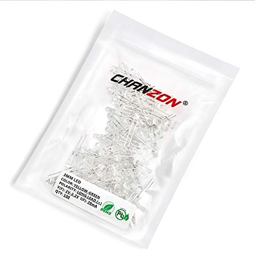 CHANZON 100 pcs 3mm Yellow-Green LED Diode Lights (DC 2V 20mA) - color: E) Yellow-green, size: 3mm Round Top