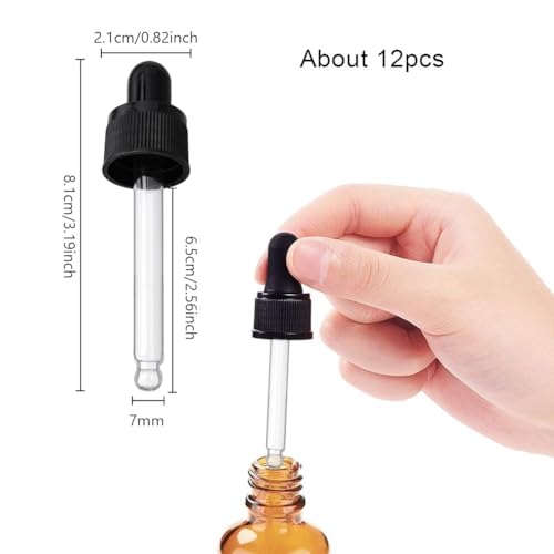 PH PandaHall Set of 12, Glass Eye Droppers for Essential Oil 15ml (1/2 Ounce) Pressure Rotating Cover Oil Droppers Pipettes Roller Tops for Essential Oil Bottles - color: Fit for 15ml bottle