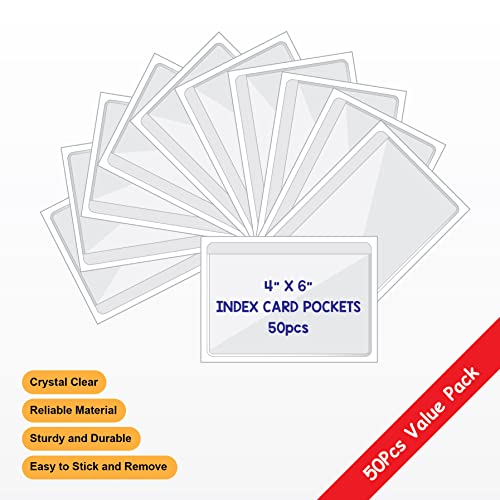 IMAGAME Clear Adhesive 4" x 6" Index Card Pockets, Labels Holders, 50 Pack - size: 4-5/8" x 6-5/16" for 4" x 6" Cards