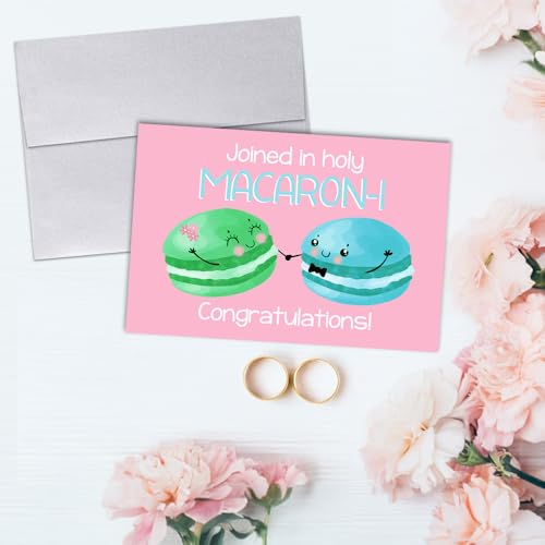 Amanda Creation Funny Wedding Card for Bride and Groom, 4x6 Blank Inside with Silver Envelope, Macaron Newlywed Congratulations Greeting - style: Macaron Cookie