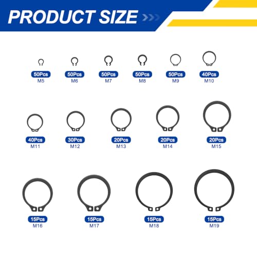 480Pcs M5-M19 External Retaining Ring C Clips Snap Rings - size: M5-M19