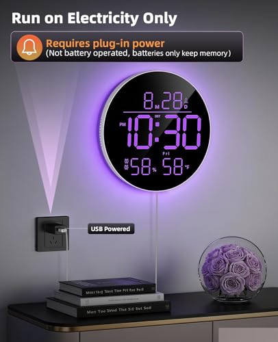 10" Round Digital Wall Clock for Bedroom, 13-Color RGB Model Large LED Display Electric Clocks with Remote for Classroom Home Office Living Room Garage Gym (Adapter Included) - color: Rgb