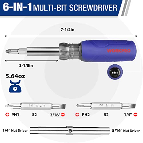 WORKPRO 6-in-1 Basic & 4-in-1 Electronics Screwdriver/Nut Driver Set Tool Confort Grip, 2PCS Portable Screw-driver, 8 Basic & Precision Bits (Philips/Slotted), 2 Nut Driver Sizes - size: One Size