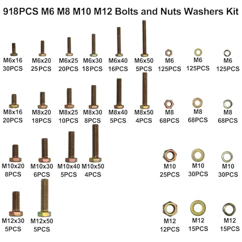 918pc Grade 8.8 Metric Bolt Kit, M6 M8 M10 M12, Nuts, Washers & Case - size: 918PCS Metic Hex Bolt Kit M6~M12, Grade 8.8