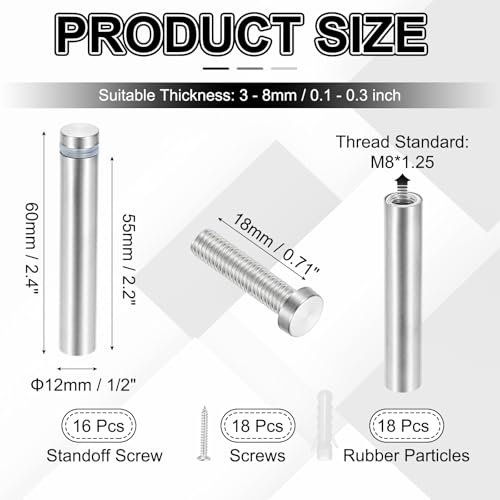 PATIKIL 1/2x2.4" Standoff Screws, 16 Pack Stainless Steel Stand Off Wall Mounts Wall Sign Mounting Hardware Advertising Standoff Nail for Hanging Acrylic Signs Picture Frame, Silver - size: 1/2x2.4"