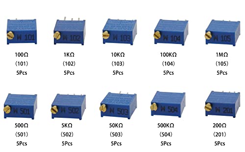 50Pcs 100 to 500K ohm 3296W Multiturn Trimmer Potentiometer Assorted Kit Variable Resistor 10 Value