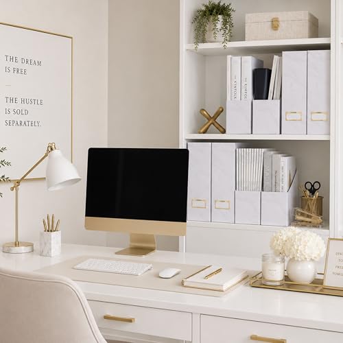 BLU MONACO Set of 4 Magazine Holders | White Marble Design with Gold Label Holders | Foldable File Organizer Boxes for Desk, Office & Classroom | Stylish Paper & Magazine Storage - color: White Gold Marble