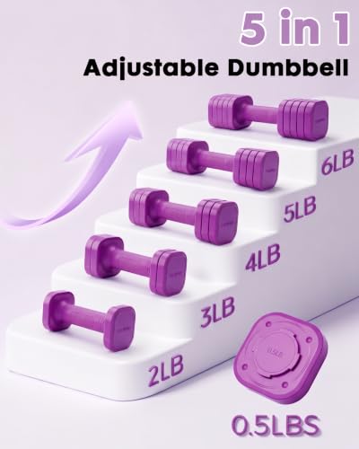 Equipro Hand Weights for Women at Home 6 LBS Adjustable Dumbbell Set of 2, Fast Adjust Dumbbells with TPU Soft Rubber Handle for Home Gym Exercise Training - color: Purple