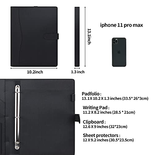 Wonderpool A4 PU Leather Portfolio Holder Ring File Document Case with Removable Binder Clipboard, Multi Pocket and Legal Pad for Business Organizer Interview and Meeting (Black) - color: Black