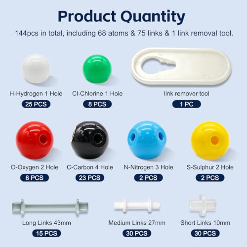 144PCS Organic Chemistry Molecular Model Kit, Molecular Model Set for Inorganic and Organic Chemistry,Including 68 Atoms & 75 Links & 1 Link Remover Tool for Student and Teacher