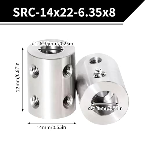 2PCS 6.35mm to 8mm Bore Rigid Coupling, L22 x D14 Set Screw Shaft Coupler Motor Connector Stainless Steel for 3D Printers, Motor Accessories, RC Boat Car Airplane - size: SRC-14x22-6.35x8