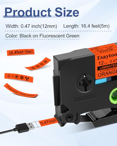 2 Pack Esaytool Compatible with P-Touch TZeB31 TZB31 TZe-B31 Label Tape Black on Orange Fluorescent Laminated 12mm 0.47 inch x 16.4 feet for PTH110 PTD210 PTD600 PT-P710BT PTD400AD PT-D450 - color: Black on Fluorescent Orange, size: 12mm