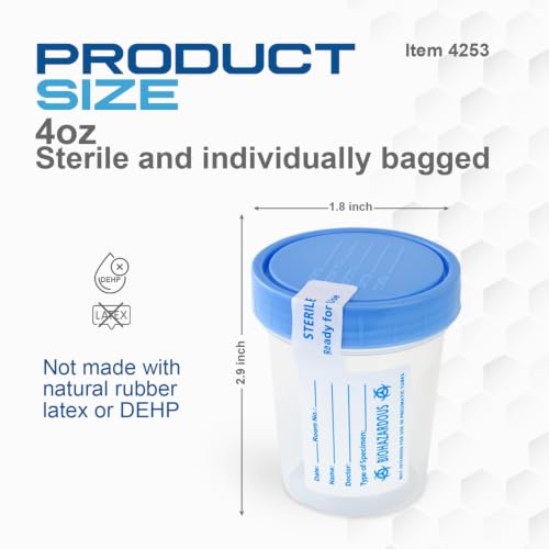Dynarex Specimen Containers, Sterile, Individually Wrapped Specimen Cups with Lids & ID Label, Clear with Blue Lid, 1 Box of 100
