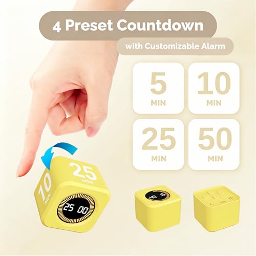 KADAMS Timer Pomodoro - Productivity Pomodoro Cube, 5/10/25/50 Min Countdown & Countup, Silent – for Work Study Workout Kitchen School Classroom Office ADHD Gift Kids (1, Yellow) - color: Yellow