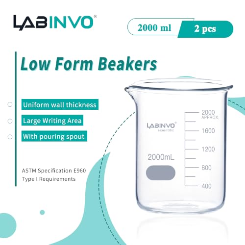 Glass Beaker, 2PCS of Vol. 2000ml, 3.3 Borosilicate Griffin Low Form with Printed Graduation,IN-BKL2000A - size: 2 PCS of 2000 mL