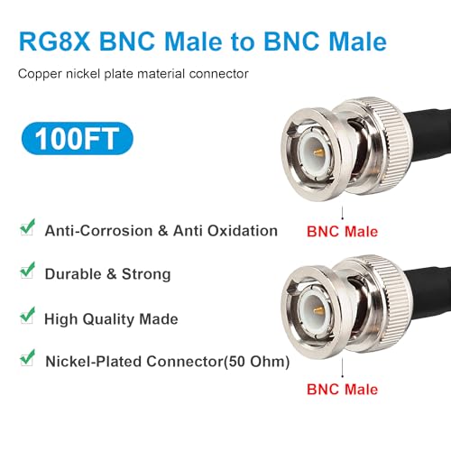 MOOKEERF RG8X BNC Male to BNC Male Coaxial Cable 100FT 50 ohm Ultra Low Loss for Antenna, RF Radio, Modem, Oscilloscope, Spectrum, Analyzer, Signal Generator - size: 100FT