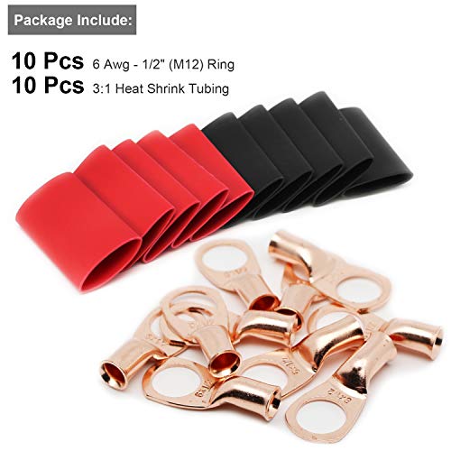 TKDMR 10 PCS 6 AWG - 1/2 Battery Cable Lugs Copper Wire Ring Terminals - size: 6 Awg - 1/2" (M12) Ring