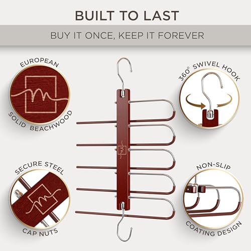 MORALVE Pants Hangers Space Saving - 2 Pack European Beechwood Scarf and Jean Hangers - Closet Organizer and Space Saver Pant Rack, Leggings Hanger, and Scarf Holder with 360° Swivel Hook - color: Mahogany, size: 2 Pack