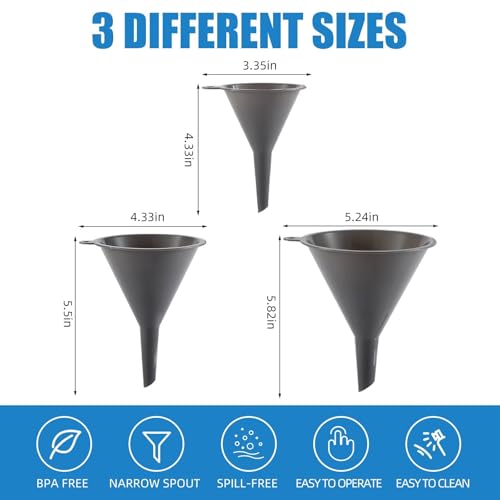Plastic Kitchen Funnel Set of 3, Round Kitchen Funnels for Filling Bottles, Durable and Multifunctional Funnels for Filling Canning, Cooking, Lab or Car Oil (Gray) - color: Gray