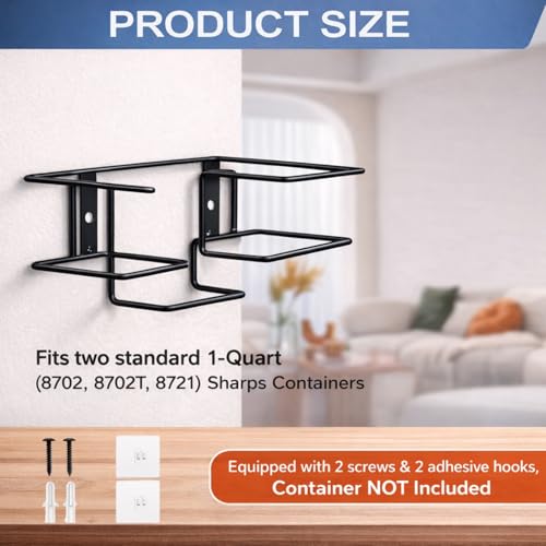 Wall Mount Holder for Dual 1 Quart Sharps Containers, Compatible with 8702 / 8702T / 8721 Stackable Sharps Disposal Containers, Use for Clinic, Hospital, Lab & Home (Container Not Included)