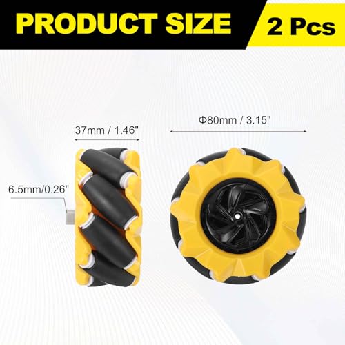 MECCANIXITY 2Pack Mecanum Wheels Set, 80mm / 3.15 ABS Rubber right Omnidirectional Wheels for Smart Robot Car Parts DIY Models Accessories, Yellow