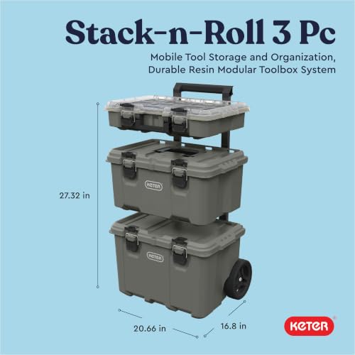 Keter Stack-N-Roll Outdoor Gear Organizer, 3-Piece Rolling Storage System - color: Olive Green, size: 3PC System