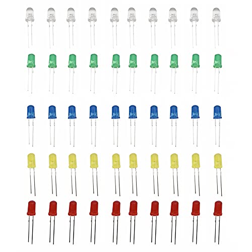 100 pcs(5 colors x 20 pcs) 5mm LED Diode Lights Assortment Kit Pack (Diffused Round Lens DC 3V 20mA) Lighting Bulb Lamp Assorted Variety Color Electronics Components Light Emitting Diodes Parts