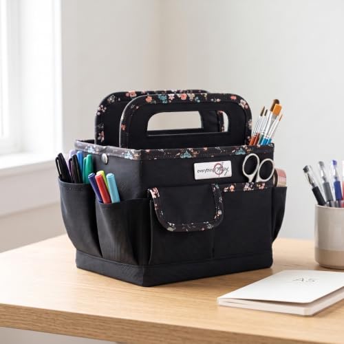 Everything Mary Craft Caddy, Black & Floral - Art Storage for Supplies & Crafts - Supply Organizers Tote for School Classroom, Office, and Home - Organization for Makeup & Nurses - color: Black