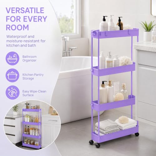 SPACELEAD Slim Storage Cart 3 Tier,Bathroom Organizer Rolling Utility,Mobile Shelving Unit Slide Out for Office, Kitchen, Laundry Room & Narrow Places,Purple - color: Purple