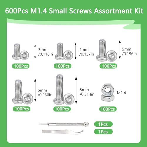 600Pcs M1.4 x 3mm / 4mm / 5mm / 6mm / 8mm Metric Micro Screws Nuts Assortment Kit, Phillips Pan Head, Tiny Machine Screws Assortment for Watch Repair, Electronics, RC Drones, Arduino, DIY Projects - size: M1.4x3/4/5/6/8-600Pcs