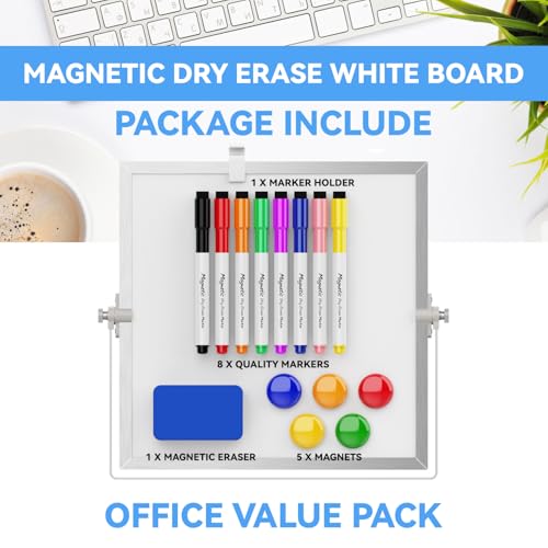 Dry Erase White Board, Cazeyoo Magnetic Desktop Whiteboard 10 x 10inch with Stand, 8 Markers, 4 Magnets and 1 Eraser, Portable Double-Sided White Board for Kids Drawing, Office, Home, School - color: Metal, size: 10x10Inch