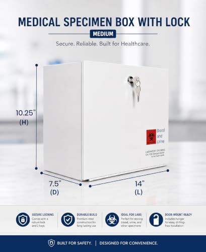 Medical Specimen Box with Lock, Medium 14 x 7.5 x 10.25in, Durable Collection Box, Secure Handling & Storage, White Heavy-Duty Metal Drop Box for Medical Lab, Office - size: Medium