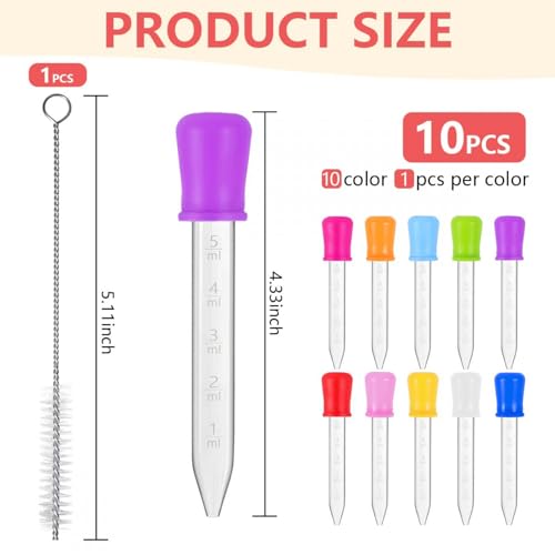 SenseYo 10 Pack 5ML Liquid Dropper Pipettes with Silicone Bulb Tip Clear Medicine Eye Droppers with Brush Essential Oil Transfer for Kids Kitchen Crafts Science Experiments Makeup Tool Gummy Bear