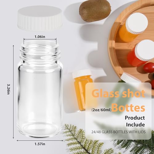 24 Pack 2 oz Glass Shot Bottles with Lids, Wide Mouth Leakproof Mini Jars for Wellness Ginger Juice Shots, Whiskey, Travel, Reusable & Dishwasher Safe