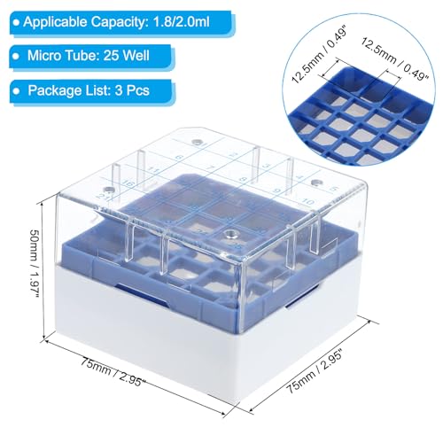 PATIKIL 25 Well Centrifuge Tube Freezer Storage Box, 3 Pcs Polypropylene Tube Rack for 1.8ML and 2.0ML Tubes Vials Samples, Blue - color: Blue