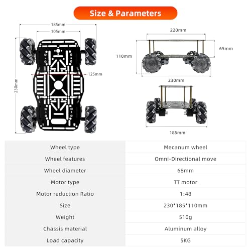 Mecanum Wheel Robot Chassis Kit, Aluminum Alloy Double-Layer Smart Car Platform with 4WD TT Motors, Omni-Directional Mobile Robotic Base for Arduino Raspberry Pi DIY STEM Projects
