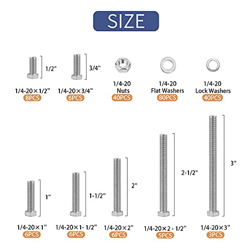 200PCS Nuts and Bolts 1/4-20 x 1/2โ, 3/4โ, 1โ, 1-1/2โ, 2โ, 2-1/2โ, 3โ Carbon Steel Hex Bolts and Nuts Assortment Kit Hardware Screws Set (7 Different Sizes) - size: 1/4-20 (200 Pcs)